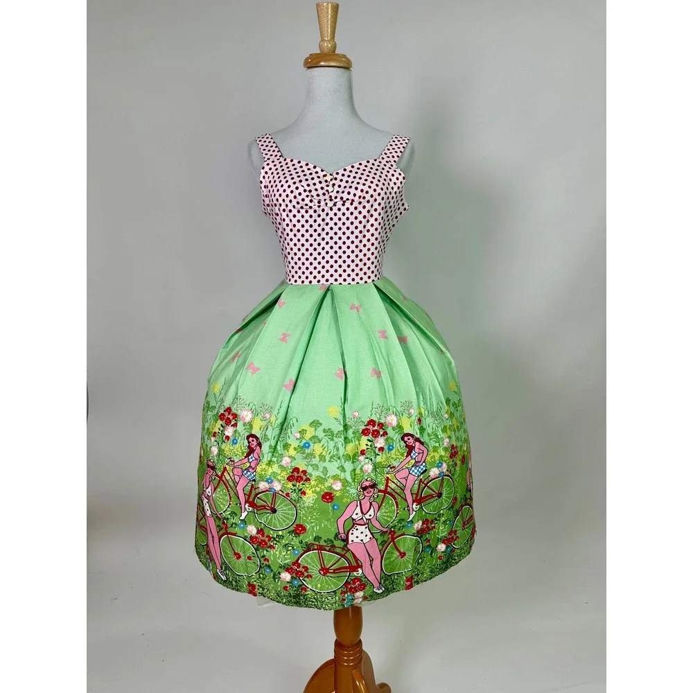Retro 1950s Style Polka Dot Bicycle Print Swing Dress Green Red Small‎